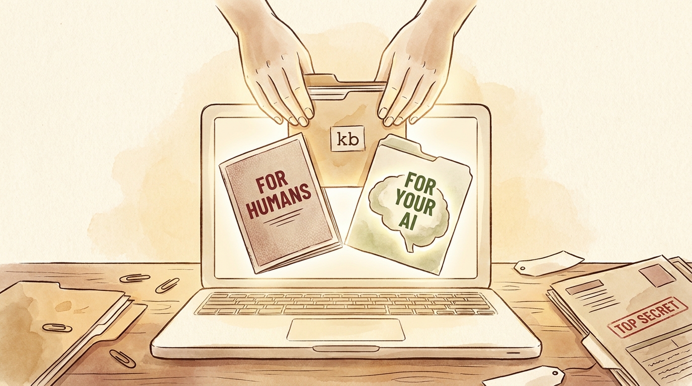 Two hero outputs: an explainer website for humans on the left, and a drop-in smart zip with two halves (for-humans and for-ai) on the right.