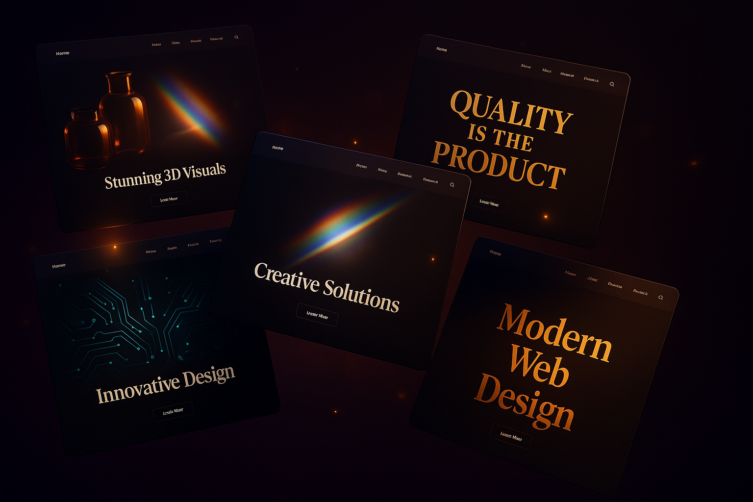 Five beautifully designed explainer pages floating in 3D space — dark themes, prismatic light, gold typography, cinematic depth.